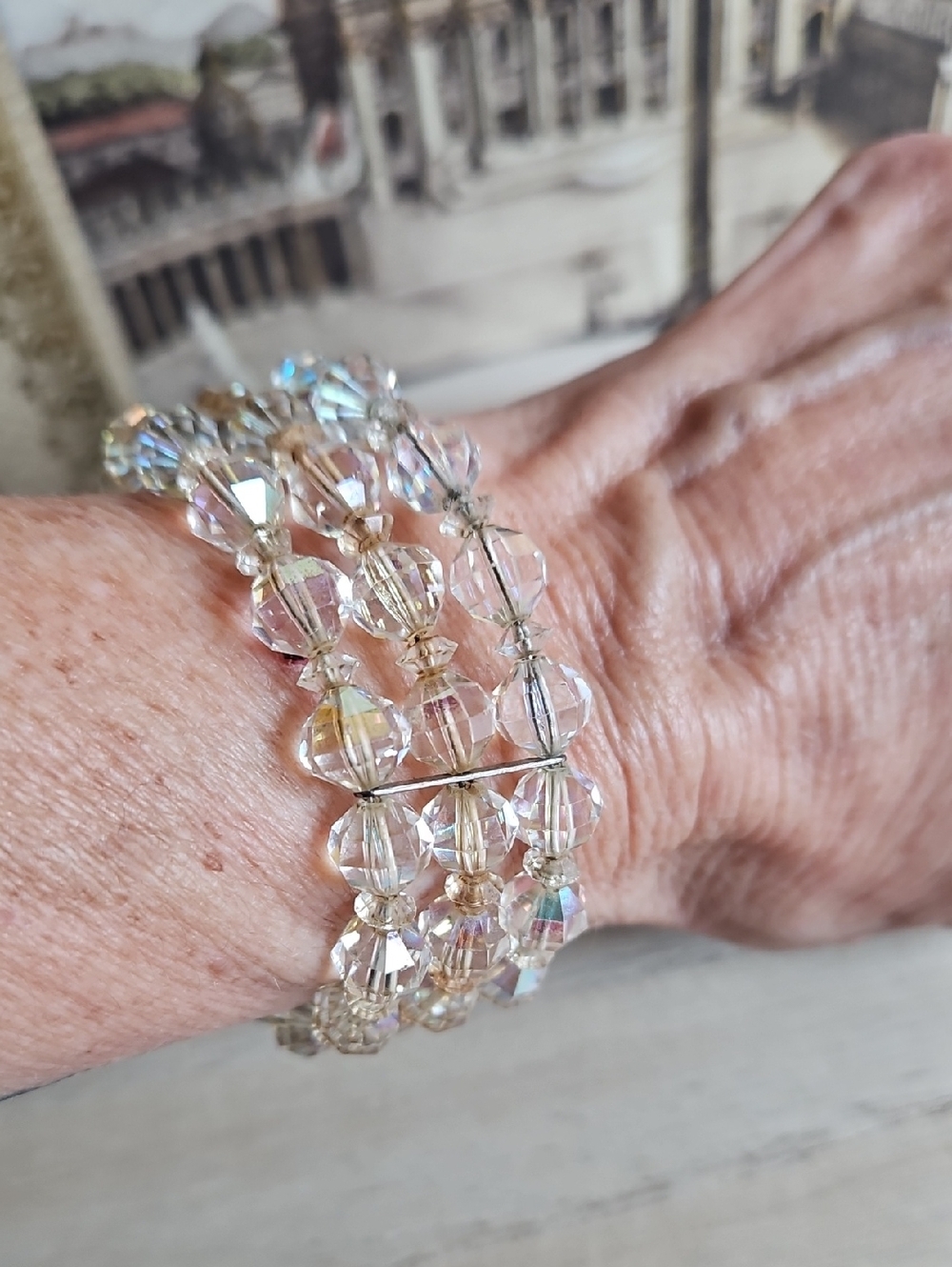 Clear aurora borealis crystals 3 row memory wire bracelet Vintage Prom Formal